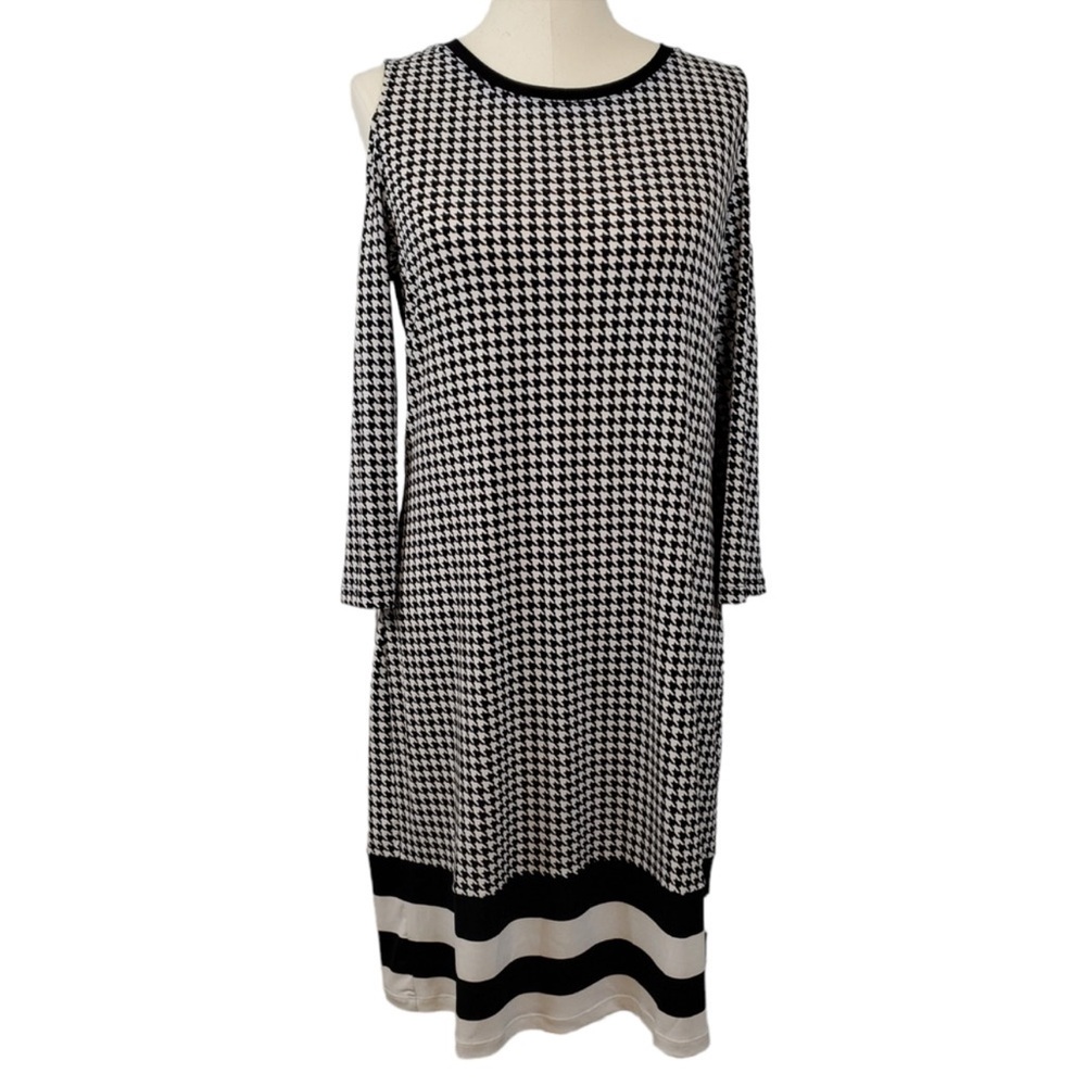 MICHAEL KORS | Cold Shoulder Houndstooth Striped Dress Size Medium - Picture 2 of 8